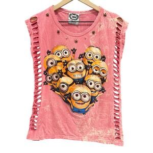 Womens‎ Pink Minions Graphic Tee Ladder Cutout Cotton Funny Shirt Size Large